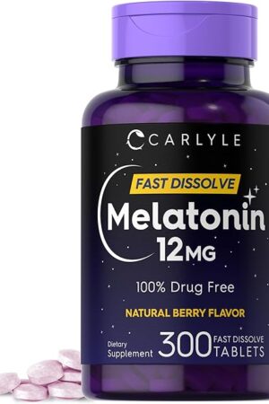 Carlyle Melatonin 12 mg Fast Dissolve 300 Tablets | Drug Free | Natural Berry Flavor | Vegetarian, Non-GMO, Gluten Free