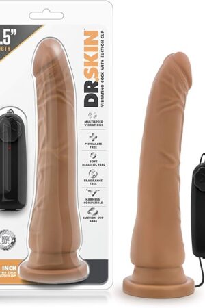 Blush Novelties Dr. Skin - 8.5 Inch Lifelike Realistic Remote Vibrating Dildo - Slim 1.5in Width - Strap On Compatible Suction Cup for Hands Free Play - Multispeed Vibrator for Women Men - Mocha