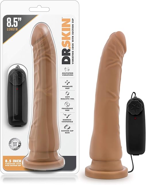 Blush Novelties Dr. Skin - 8.5 Inch Lifelike Realistic Remote Vibrating Dildo - Slim 1.5in Width - Strap On Compatible Suction Cup for Hands Free Play - Multispeed Vibrator for Women Men - Mocha