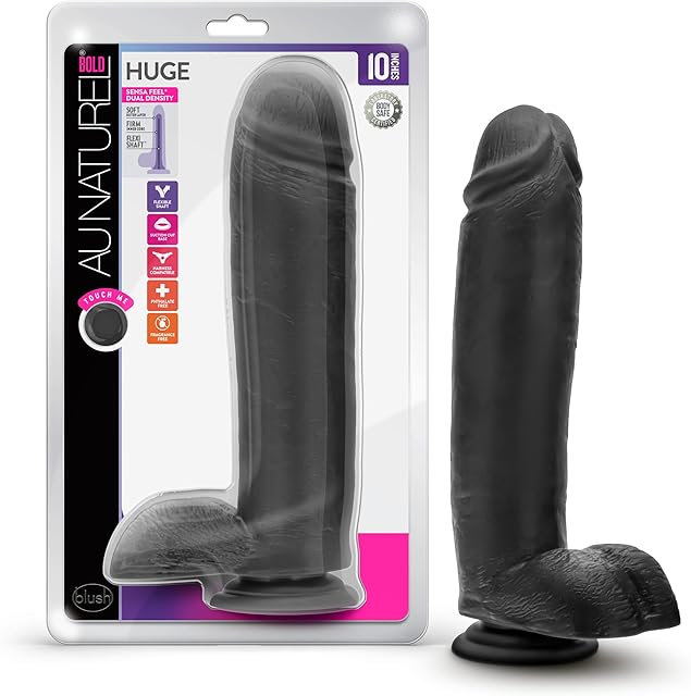 Blush Au Naturel Bold - Huge 10.5 Inch Black Dildo with Strong Suction Cup - Realistic Dual Density Penis for G Spot & Anal Play - Harness Strap-On Compatible - Adult Sex Toy for Women Men & Couples