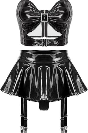 Women Sexy 2Pcs Vinyl Lingerie Costume Crop Top Mini Skirt Set for Rave Clubwear