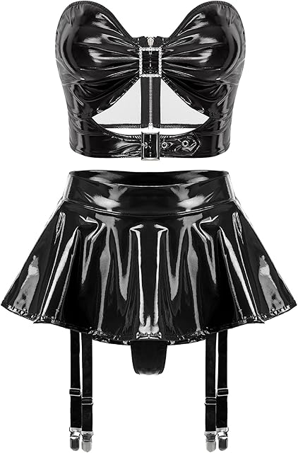 Women Sexy 2Pcs Vinyl Lingerie Costume Crop Top Mini Skirt Set for Rave Clubwear