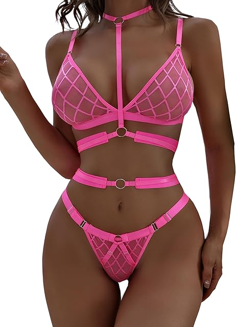 Women Sexy Lingerie Bra and Panty Sets Fishnet Sheer Mesh Lingerie Matching Bralette Sets