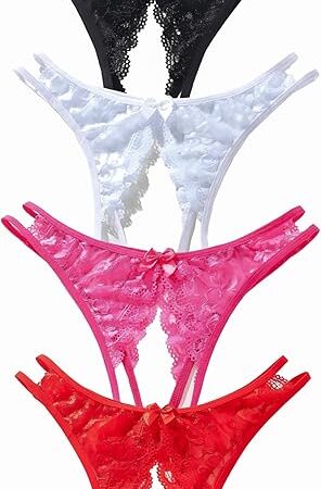 Women's Lace G-Strings Thongs 4 Pack Sexy Lace Floral Knickers with Bow Breathable Tanga Briefs Underwear