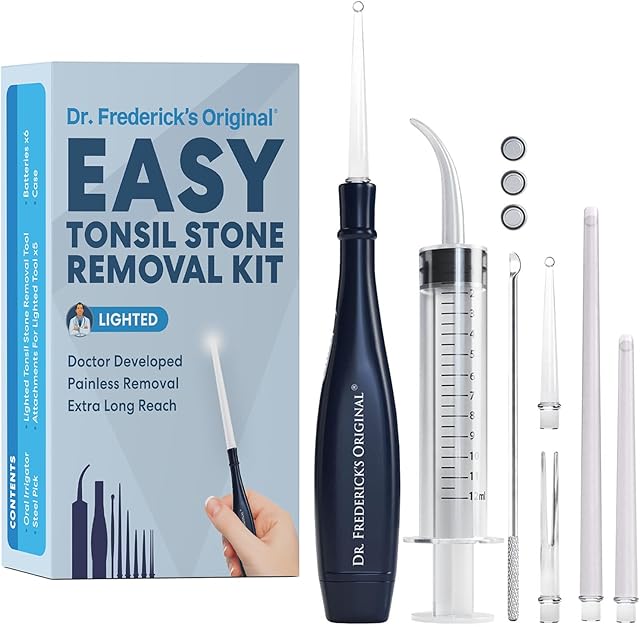 Dr Frederick?s Original Easy Tonsil Stone Remover Kit - Fast Painless Tonsillolith Removal Tool - Fight Bad Breath - Pick and Oral Irrigator - 8 Pieces