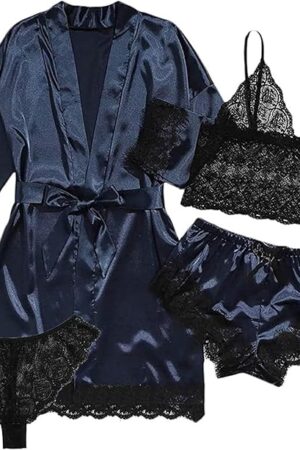 Womens Silk Pajamas Robes Set 4PACKS Sexy Pjs Cami Shorts Satin Sleepwear Lace Loungewear (US, Alpha, XX-Large, Regular, Regular, BLUE)