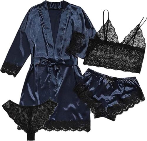 Womens Silk Pajamas Robes Set 4PACKS Sexy Pjs Cami Shorts Satin Sleepwear Lace Loungewear (US, Alpha, XX-Large, Regular, Regular, BLUE)