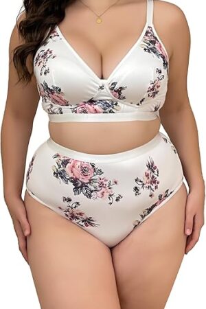 Women's Plus Size 2 Piece Lingerie Set Floral Sexy V Neck 3/4 Cup Bra High Waist Panty Matching Sets Underwear