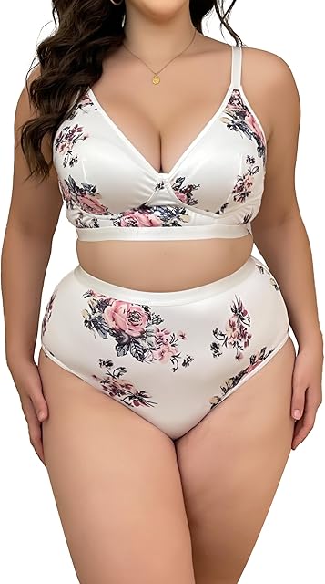Women's Plus Size 2 Piece Lingerie Set Floral Sexy V Neck 3/4 Cup Bra High Waist Panty Matching Sets Underwear