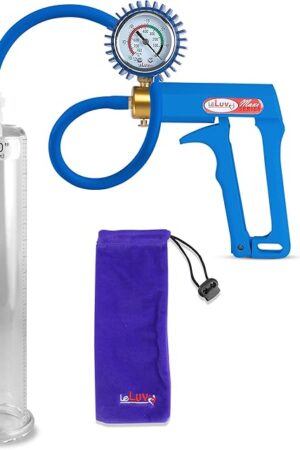 LeLuv Premium Penis Pump - Blue Maxi Handle, Protected Gauge, Uncollapsible Silicone Hose - 9" Untapered Length x 2" Diameter Round-Flange Cylinder