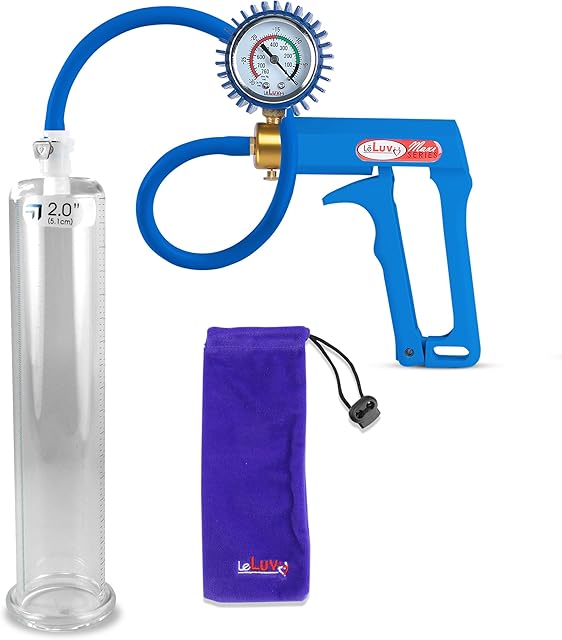 LeLuv Premium Penis Pump - Blue Maxi Handle, Protected Gauge, Uncollapsible Silicone Hose - 9" Untapered Length x 2" Diameter Round-Flange Cylinder