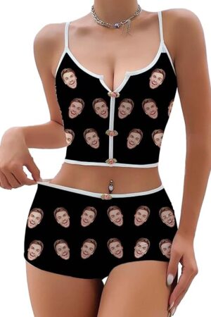 Custom Women Pajama Sets Personalized Face Cami Top Shorts Sexy Women's Lingerie 2 Piece Sleepwear Pj Nightwear