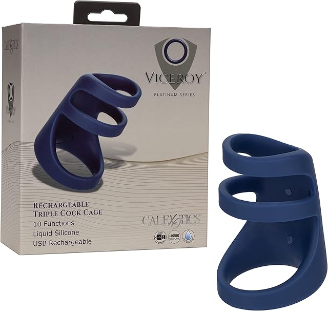 CalExotics Viceroy Rechargeable Triple Cage Vibrating Cock Ring Vibrator Silicone Sex Toy for Men Blue - SE-0433-10-3