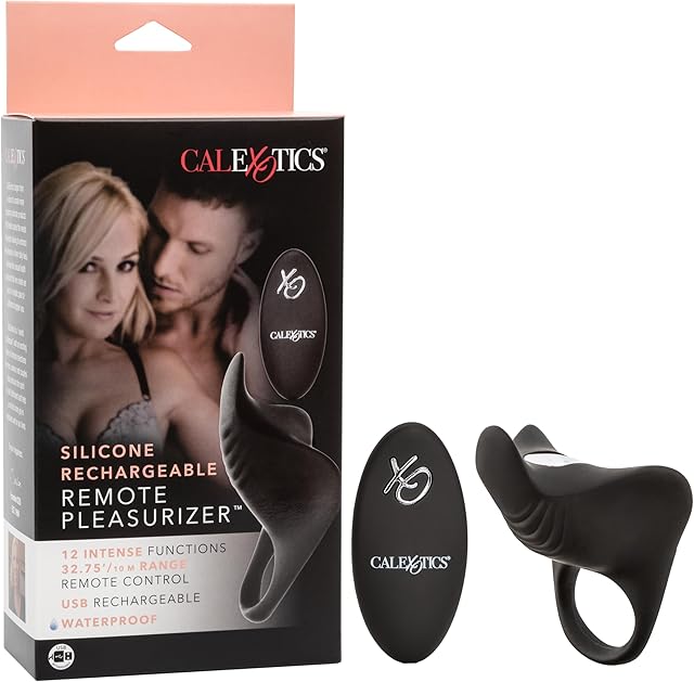 CalExotics Silicone Rechargeable Remote Pleasurizer 12 Function Vibrating Waterproof Pleasure Ring Silicone Clitoral Massager Sex Toy for Couples - Black