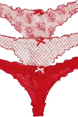 Women's 3 Pack Lettuce Trim Bow Thong Panties Low Waist Underwear