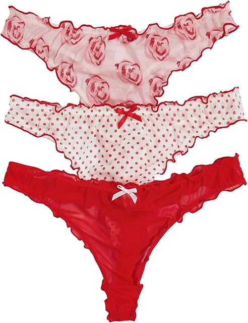 Women's 3 Pack Lettuce Trim Bow Thong Panties Low Waist Underwear