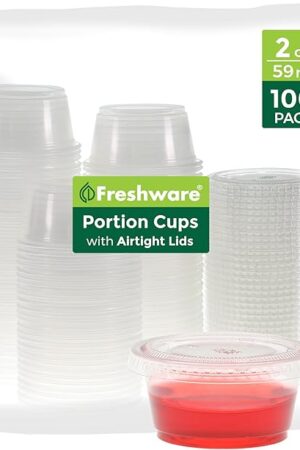 Freshware Plastic Portion Cups with Lids [2 Ounce, 100 Sets] Disposable Plastic Cups for Meal Prep, Salad Dressing, Jellos Shot Cups, Souffle Cups, Condiment and Dipping Sauce Cups