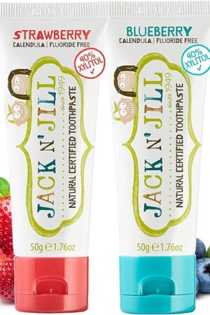 Jack N' Jill Natural Toddler Toothpaste - Fluoride Free Training Toothpaste for Toddlers 1-3, 40% Xylitol, BPA Free - Strawberry & Blueberry, 176 oz (Pack of 2)