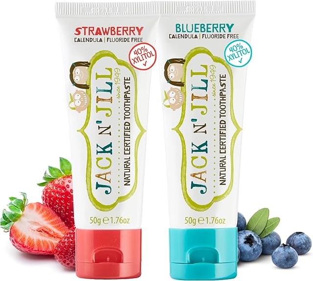 Jack N' Jill Natural Toddler Toothpaste - Fluoride Free Training Toothpaste for Toddlers 1-3, 40% Xylitol, BPA Free - Strawberry & Blueberry, 176 oz (Pack of 2)