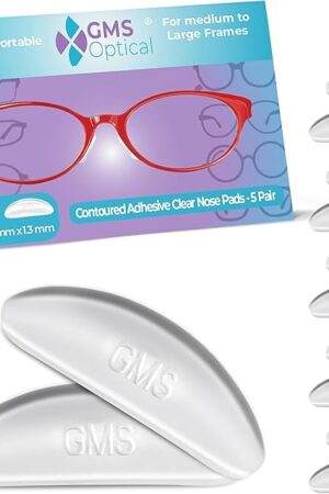 GMS Optical 13mm Ultra-Thin / 18mm Long Length - Anti-Slip Adhesive Contoured Silicone Eyeglass Nose Pads with Super Sticky Backing for Glasses, Sunglasses, and Eye Wear (5 Pair)(Clear)