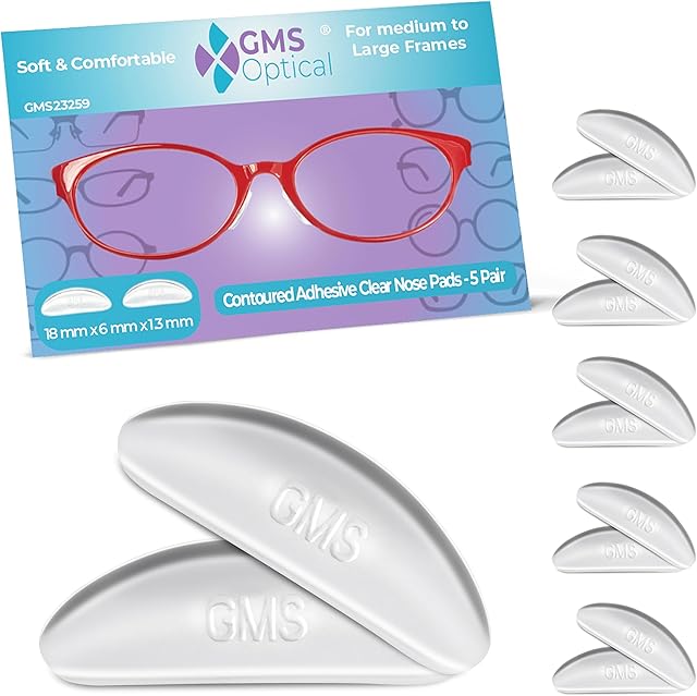 GMS Optical 13mm Ultra-Thin / 18mm Long Length - Anti-Slip Adhesive Contoured Silicone Eyeglass Nose Pads with Super Sticky Backing for Glasses, Sunglasses, and Eye Wear (5 Pair)(Clear)