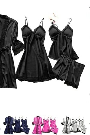 Women' Silk Satin Pajamas Set 4pcs Lingerie Floral Lace Cami Pjs Sets Matching Sexy Pajama Set Sleepwear with Robe
