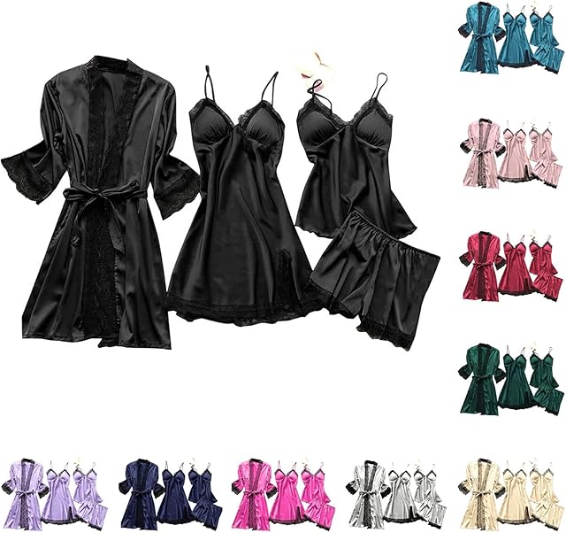 Women' Silk Satin Pajamas Set 4pcs Lingerie Floral Lace Cami Pjs Sets Matching Sexy Pajama Set Sleepwear with Robe