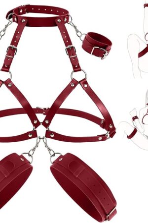 BDSM Sex Bondage Breast Restraints Thigh Sling, Leather Neck to Thigh Chest Restraints Harness Bed Restraints, Wrist & Thigh Cuffs Kinky Lingerie Bra, SM Games Sex Toys for Women & Couples (Red)