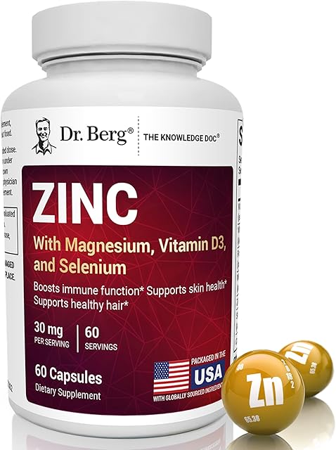 Dr Berg Zinc 30mg Enhanced with Magnesium, Vitamin D3, Selenium, & Copper - Zinc Supplements for Men & Women - Chelated Zinc for Immune, Skin, Hair, & Nails Support* - 60 Capsules