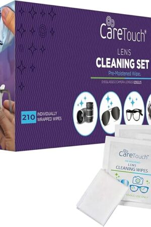 Care Touch Lens Wipes for Eyeglasses- 210 Count Individually Wrapped Pre- Moistened Wipes, 5 x 6 Inch- Camera Lens, Sunglasses and Glasses Cleaner,- Gentle and Portable for Cleaning of Optical Devices