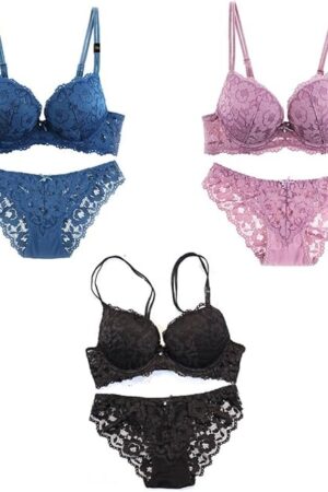 3 Pack Sexy Lace Embroidery Flowers Women's Push Up Bra Panties Underwear