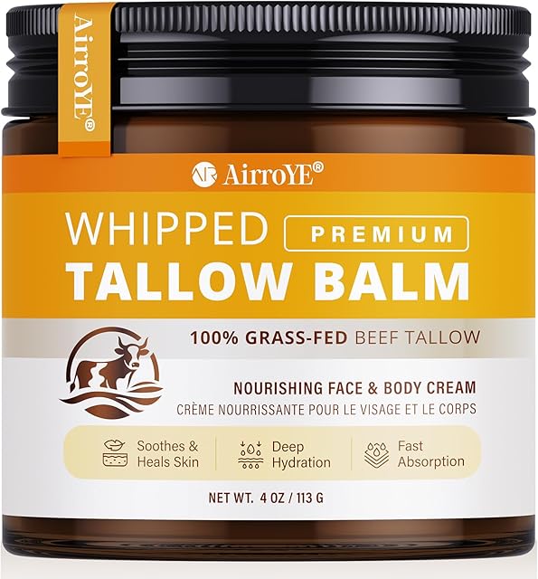 Grass-Fed Beef Tallow for Skin: Whipped Beef Tallow Face Body Moisturizer 4oz - All Natural Skincare Tallow Balm for Eczema and Dry Skin (Unscented)