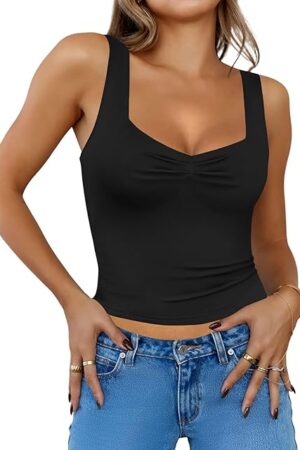 Women Going Out Crop Tank Tops Backless Sweetheart Neck Ruched Y2K Summer Slim Fit Cute Top