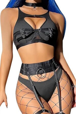 Women's 2023 Sexy Lingerie Set PU Leather Skirt High Waisted Costume Outfit with Choker