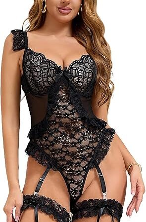Women's Sexy Lingerie Set with Garter Belt Lace Pushup Bodysuit Lingerie Plus Size Teddy Backless Babydoll