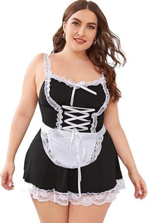 Women's Plus Size Sexy Lace V Neck Harness Sheer Mesh Lingerie Dress