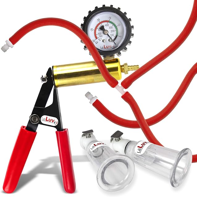LeLuv Ultima Handle Vacuum Nipple Suction Kit, Red Rubber Grips, Silicone Hose, Protected Gauge | Medium (1.0")