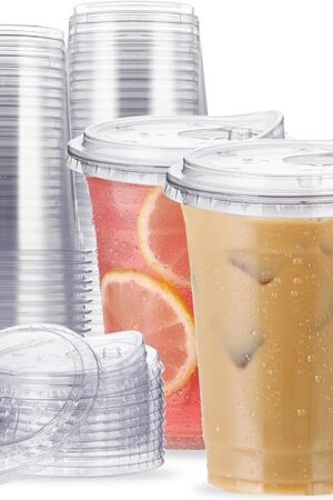 16 oz Clear Plastic Cups with Strawless-Sip-Lids, 25 Sets Disposable Cup Plastic Iced Coffee Cups, To Go Cup with Sip Through Lids for Smoothie, Milkshake, Cold Drinks for Party, Wedding, Event