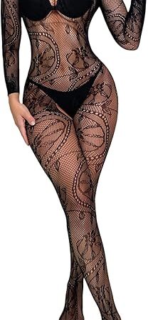 Women's Sexy Lace Fishnet Bodysuit Long Sleeve Mesh Jumpsuit Full Body Stockings Net Bodysuit