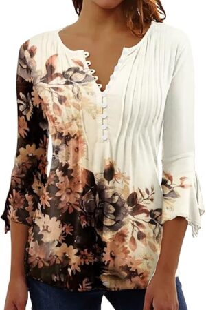 Womens Summer Tops 2023 Floral Button Down Tunic Shirts 3/4 Sleeve Tops Blouse Trendy Dressy Casual Ladies Clothes