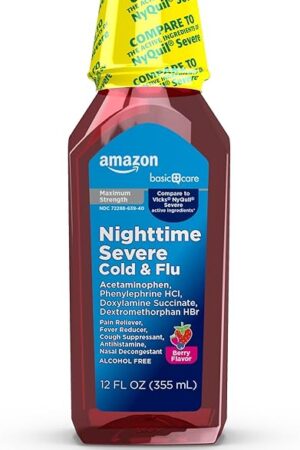 Amazon Basic Care Nighttime Severe Cold and Flu Syrup, Max Strength Liquid Medicine, Multi-Symptom Relief, for Adults and Children 12 Years and Older, Mixed Berry Flavor, 12 fl oz (Pack of 1)