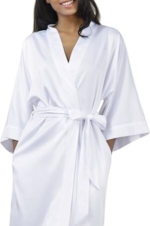 Women's Satin Robe, Short Bathrobe with V-Neck, 3/4 Sleeves Robe for Bride & Bridesmaids, Wedding Party Sleepwear
