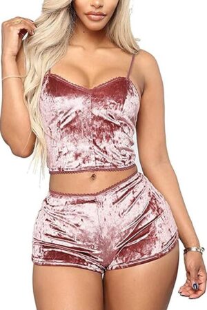 Women Velvet 2 Piece Outfit Sexy Strappy Babydoll Lingerie Pajama Set Camisole with Shorts Sleepwear Nightwear