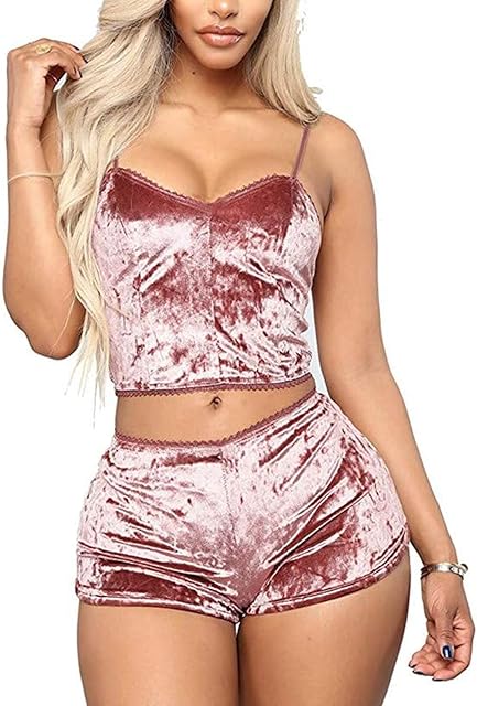 Women Velvet 2 Piece Outfit Sexy Strappy Babydoll Lingerie Pajama Set Camisole with Shorts Sleepwear Nightwear