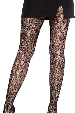 Womens Black Tights Camellia Lace Tights for Women with Designs, Black, One Size