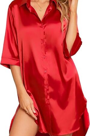 Women's Silk Nightgowns 3/4 Sleeve Nightshirt Button Down Sleepshirt Satin Night Gowns for Women Sleepwear