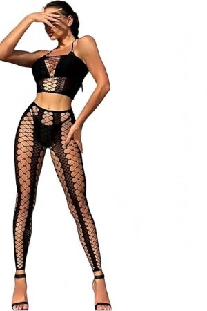 Womens Fishnet Bodysuit Lingerie Hollow Out Rave Outfits 2 Piece Mesh Bodystocking Set