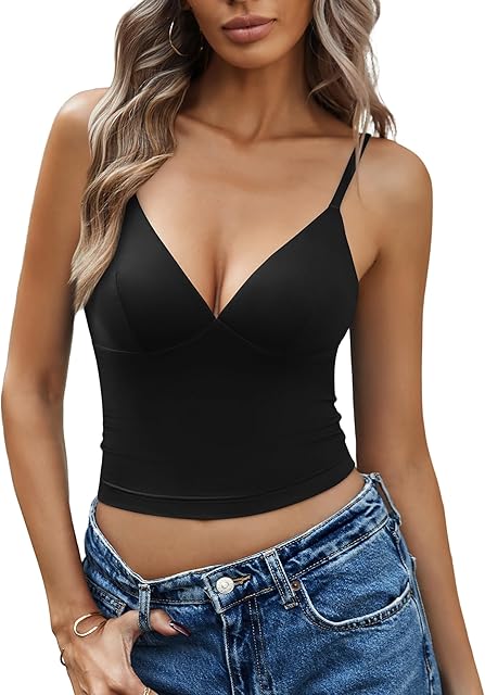 Women's V Neck Tank Tops Spaghetti Strap Crop Y2K Cami Double Lined Sexy Going Out Summer Outfits Trendy