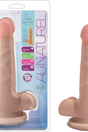 Blush Novelties Adult Sex ToysAu Naturel SamSensa Feel Dual Density Realistic 7.5 Inch DildoLifelike Slim Cock and Balls DongSuction Cup Base, Harness CompatibleWomen Men CouplesBeige