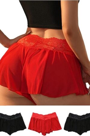 Women's Sexy Ruffle Boyshort Underwear Lightweight Lace High Waisted Panties 3 Pack